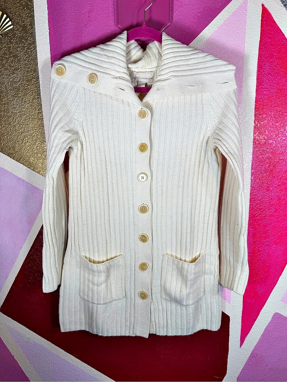 Banana Republic Small Ivory Ribbed Wool Blend Cardigan Big Collar Italian Yarn